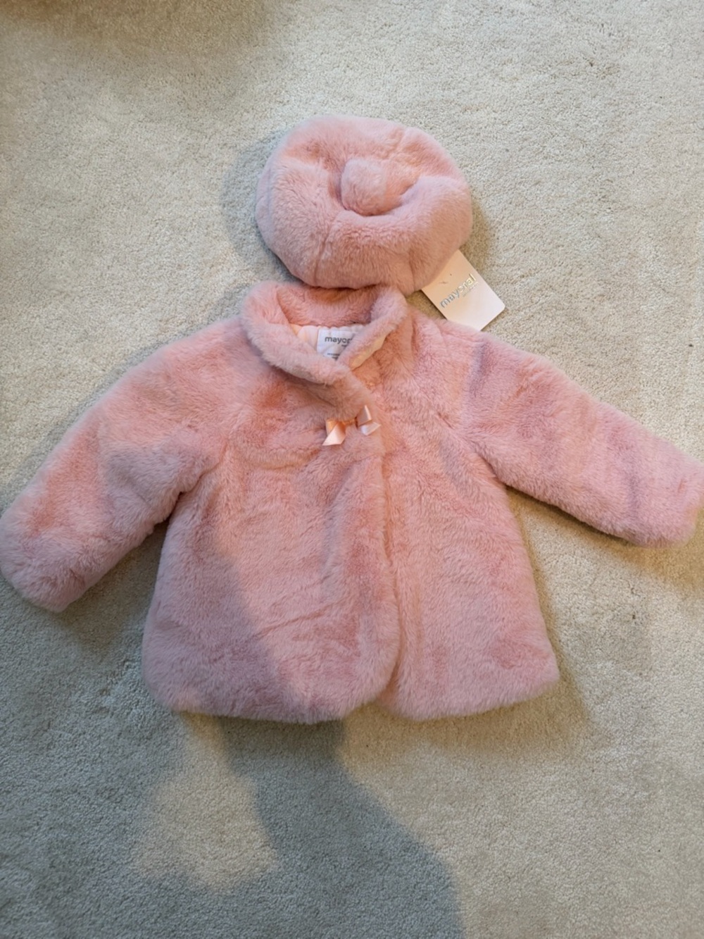 Mayoral Blush Faux Fur Baby Coat with Bow Detail